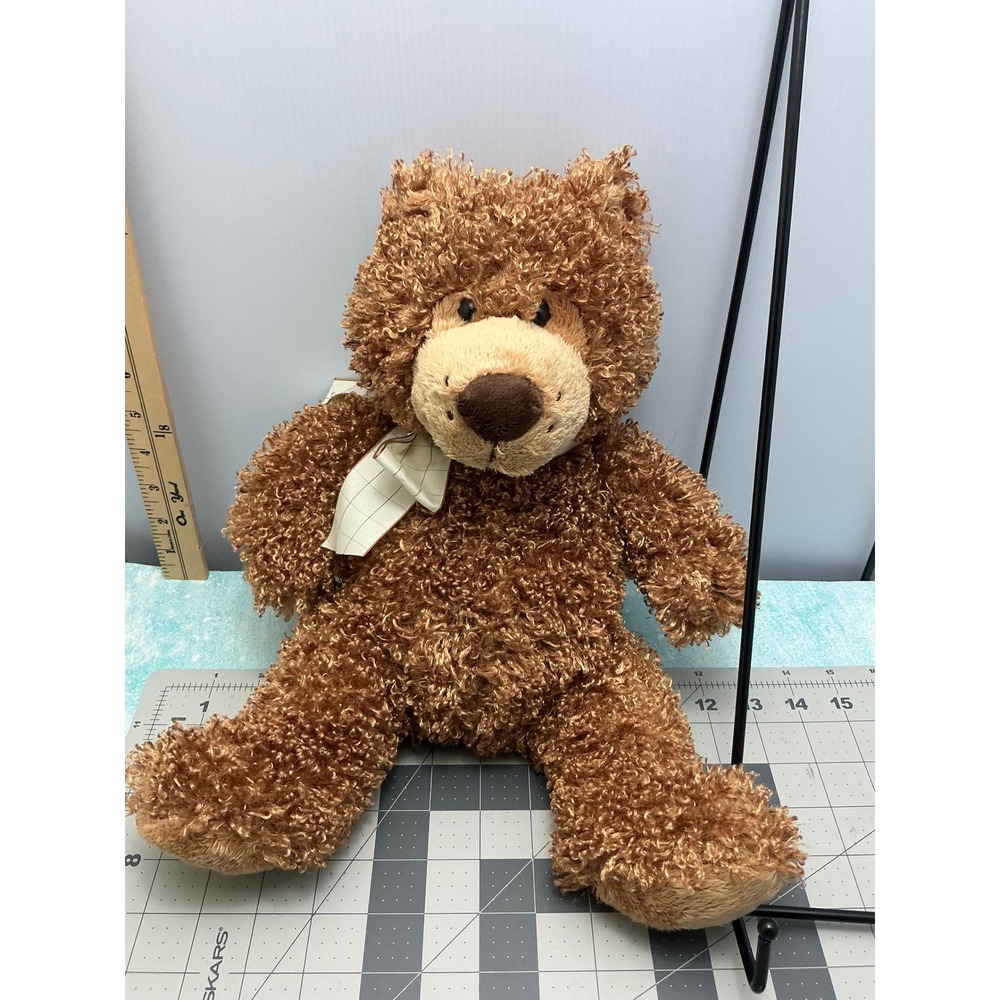 Family Christian Stores Brown Curly Fur Teddy Bear Plaid Bow Plush 13 Inch - Picture 7 of 7